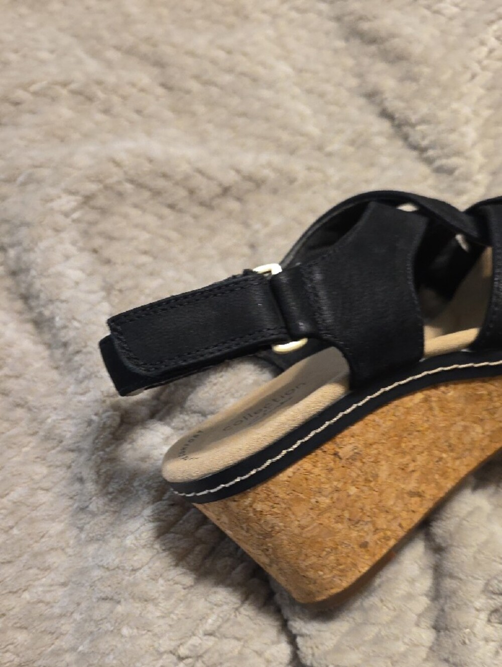 Clarks Black Leather Crisscross Wedge Sandals with Cork-Style Platform - Picture 4 of 5